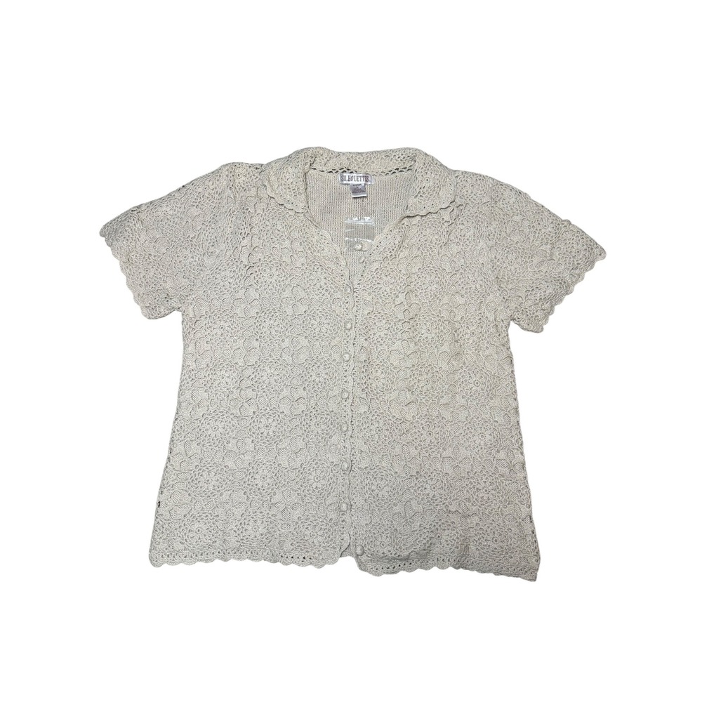 New Silhouettes Silk Cotton Crochet Cardigan Sweater Beige Short Sleeve 1X